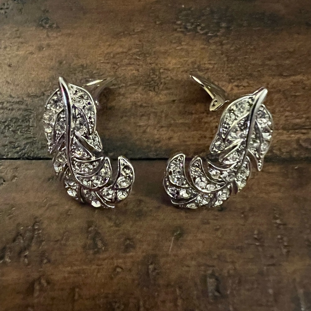 Vintage Silver Tone and Crystal Feather Clip On Earrings Formal Party Classic